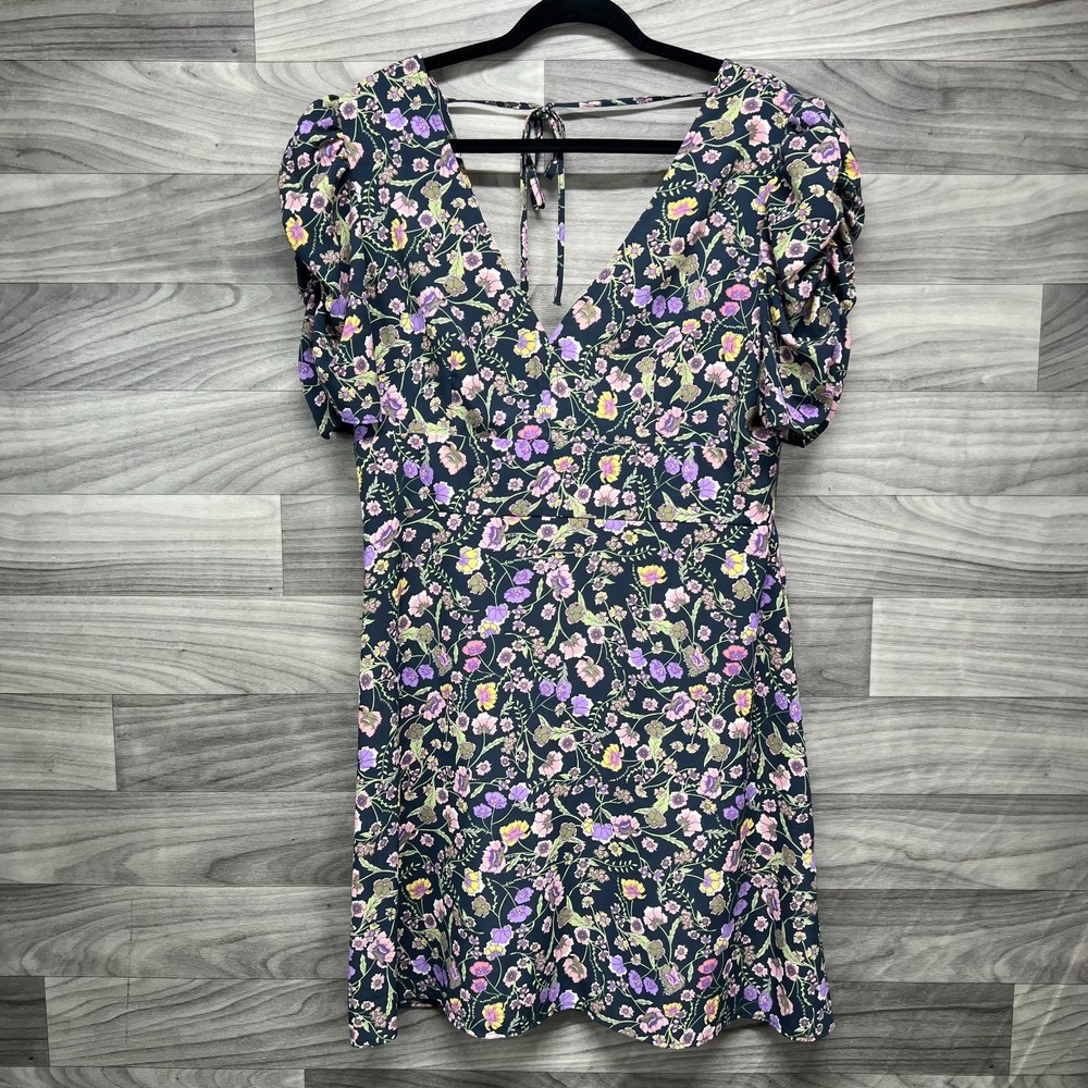 Topshop Mini A-Line Dress Women's 12 Gray Floral‎ Short Sleeve Ruffled Back Zip